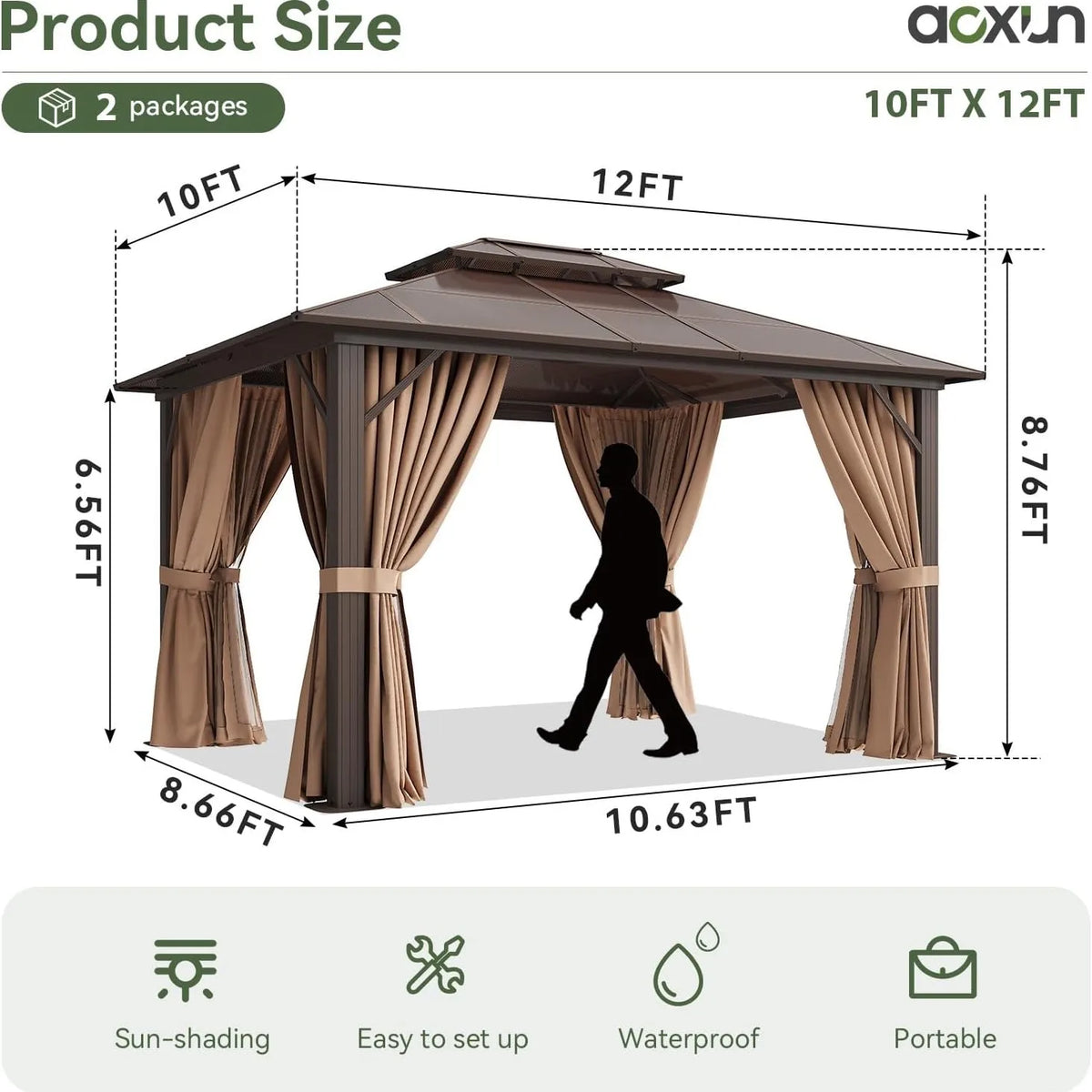 Aoxun Metal Frame Hardtop Gazebo With Polycarbonate Roof And Netting