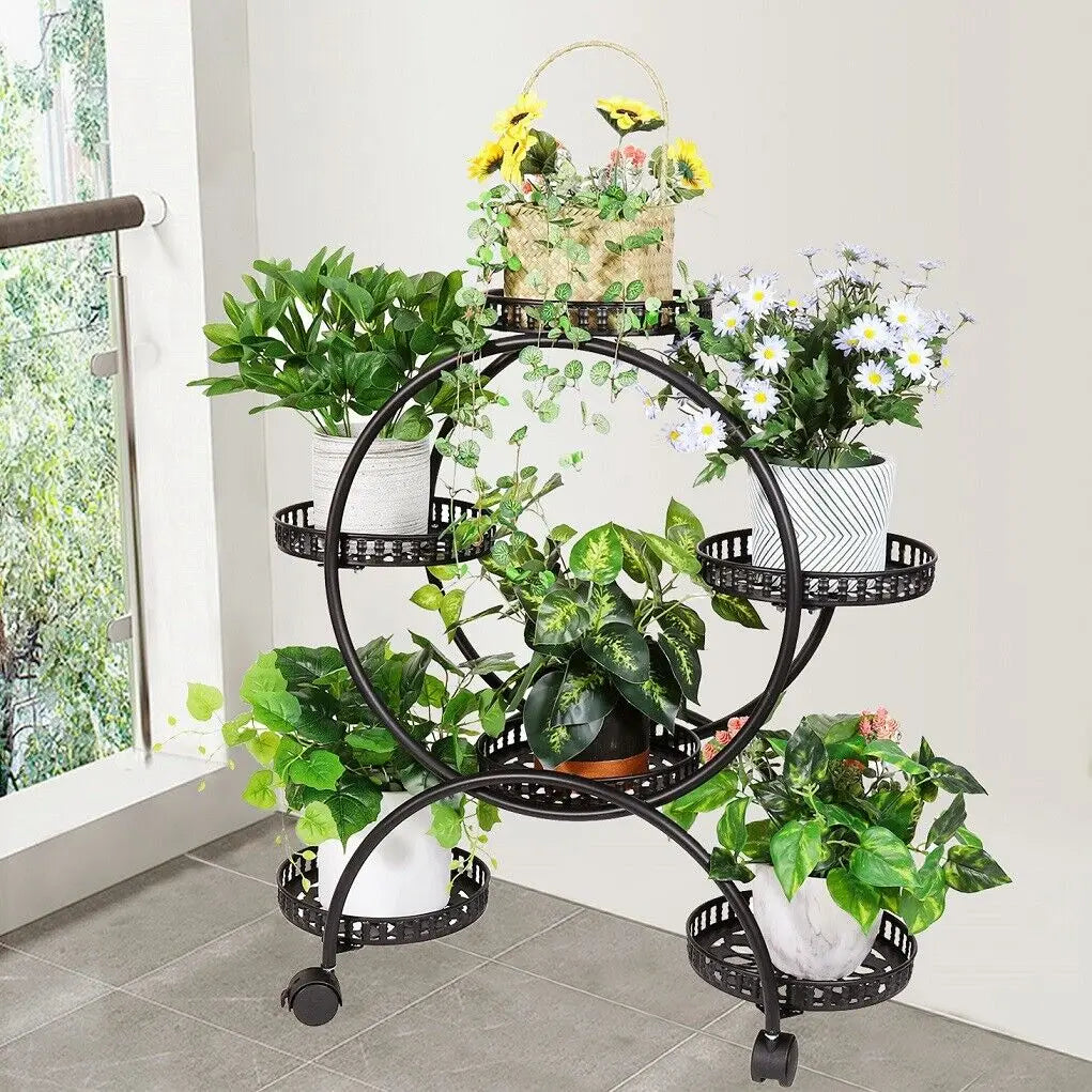 Six Pot Metal Plant Stand Shelf With Four Rolling Wheels