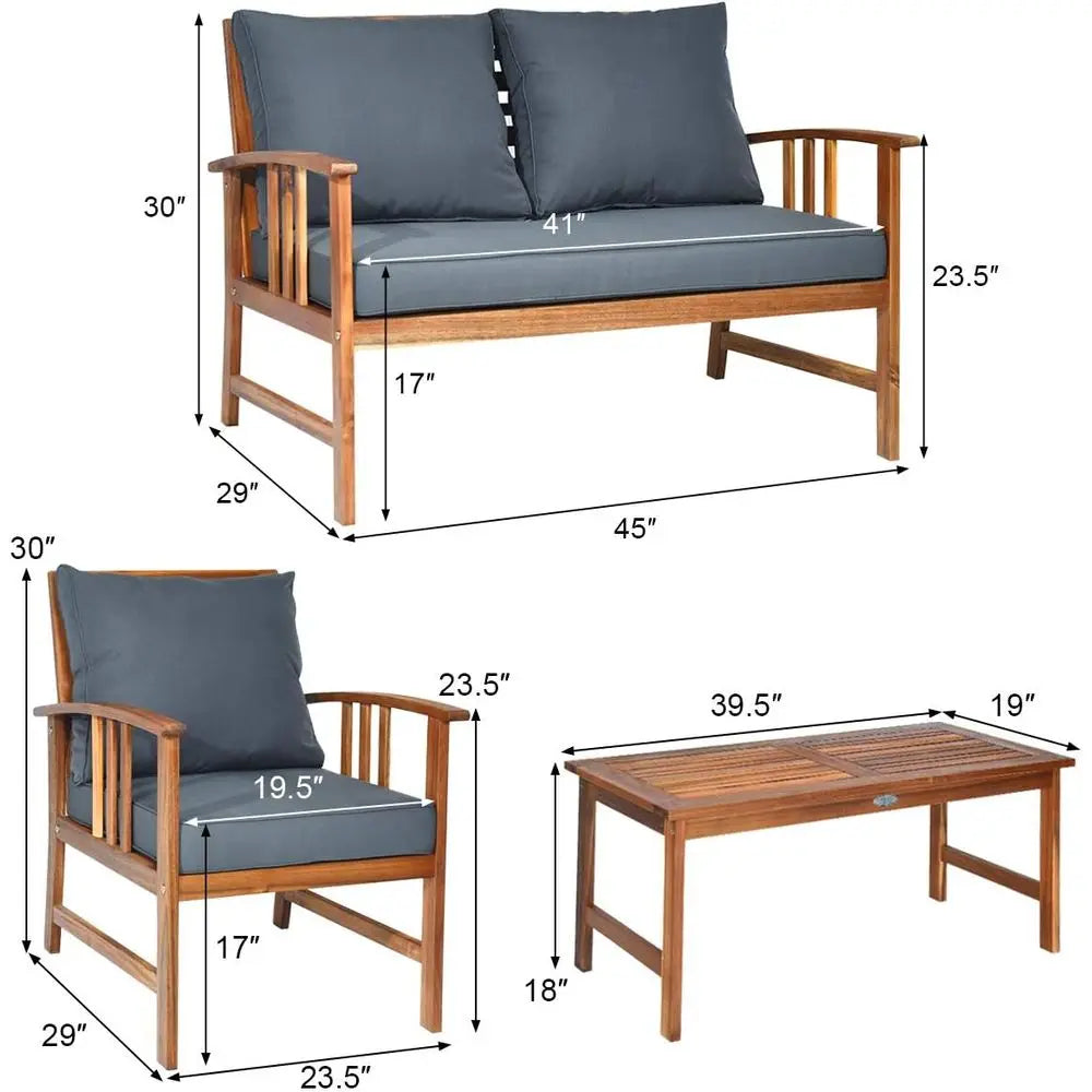 4 Pieces Acacia Wood Patio urniture Set, Outdoor Seating Chat Set with Gray Cushions & Back Pillow, Contion Set with Coee Table,
