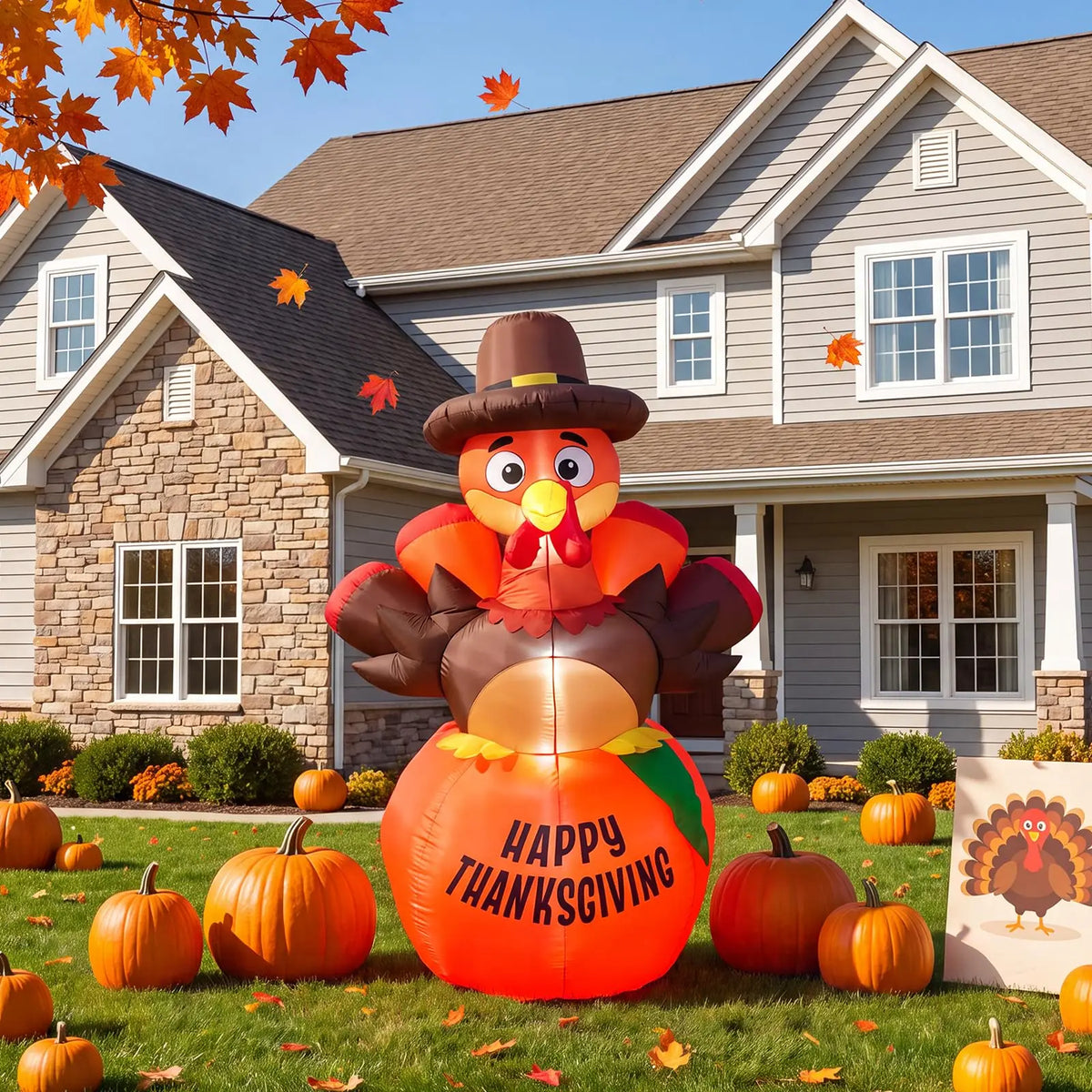 HiMISS Thanksgiving Pumpkin Turkey Inflatable Yard Decoration With LED Lights