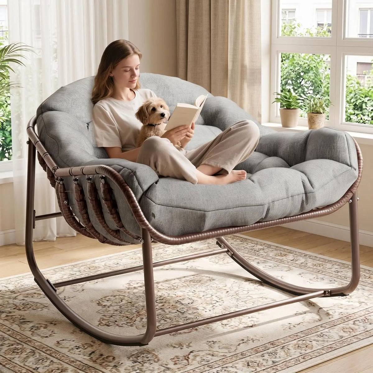 HiMISS Outdoor Papasan Egg Rocking Chair with Cushioned Wicker Seat