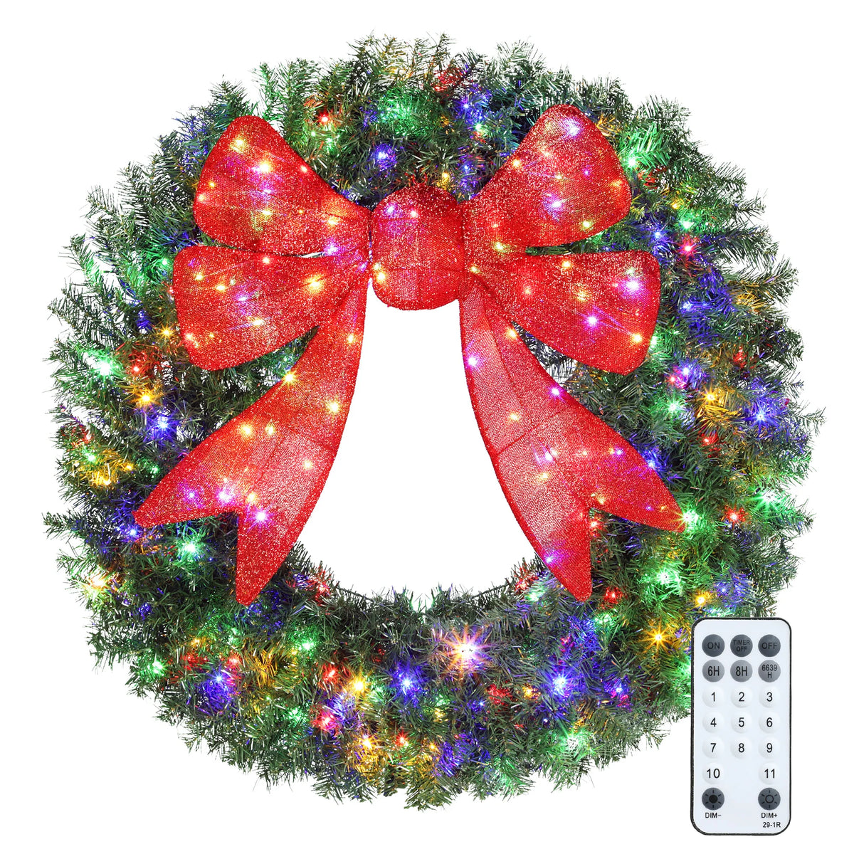 HOMCOM Flocked Pre Lit Artificial Christmas Wreath with Red Bow