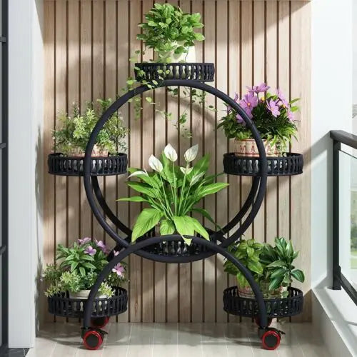 Six Pot Metal Plant Stand Shelf With Four Rolling Wheels