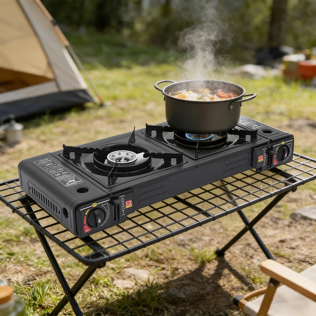 Portable Dual Burner Camping Gas Stove With Ignition and Safety Valve