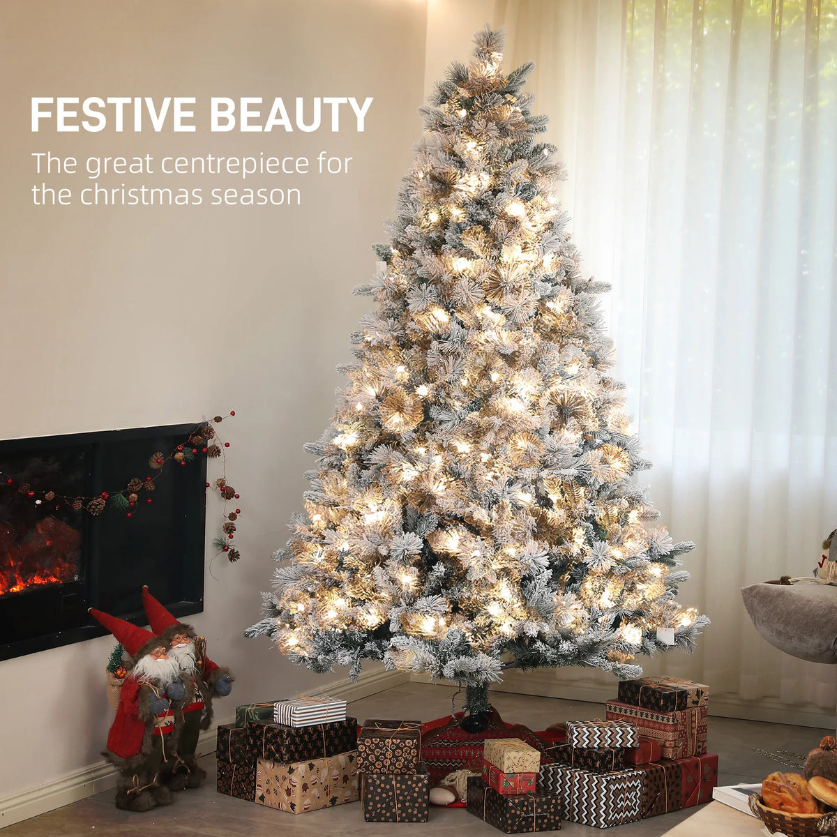 HOMCOM Prelit Flocked Artificial Christmas Tree With Holiday Lights