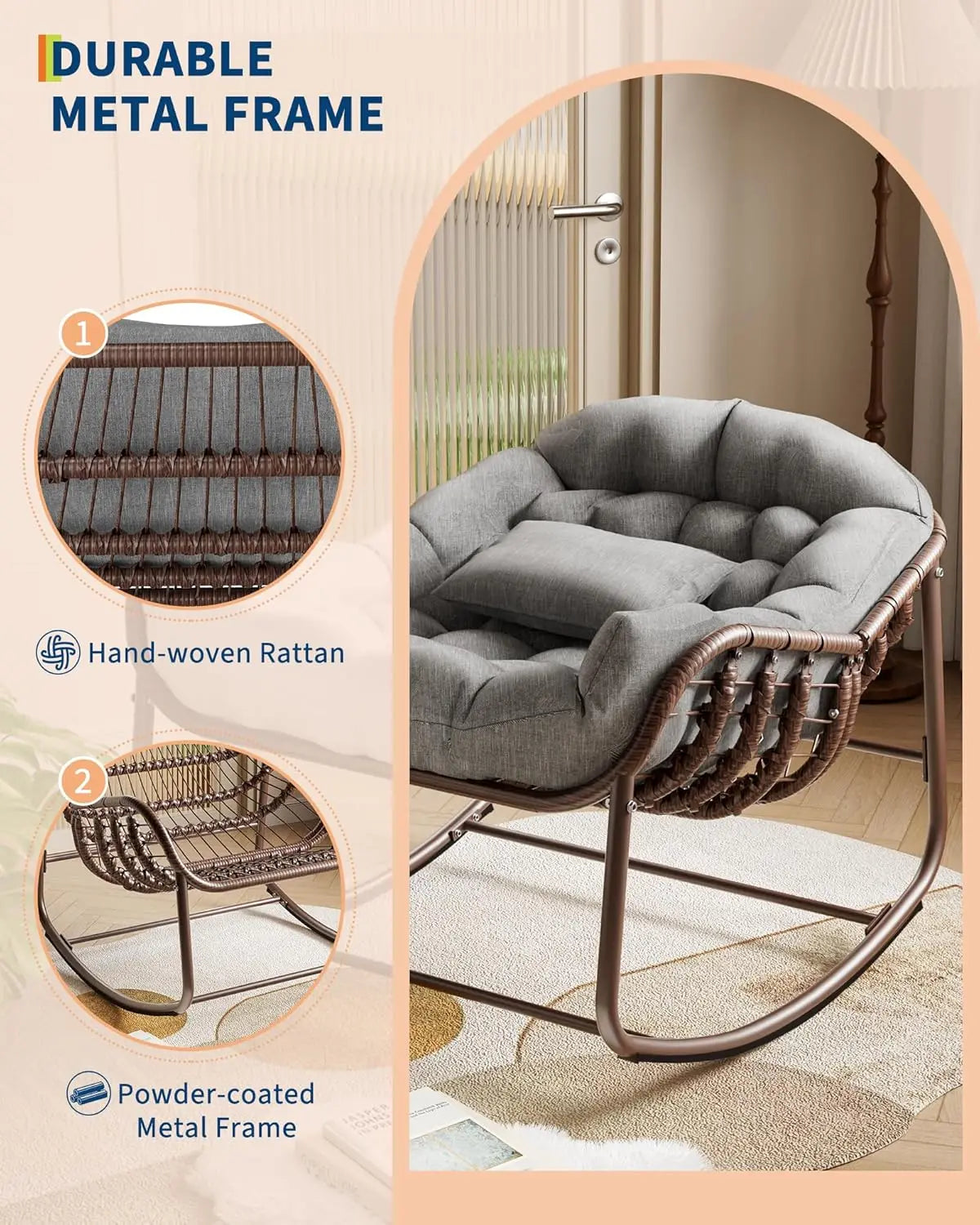 HiMISS Outdoor Papasan Egg Rocking Chair with Cushioned Wicker Seat