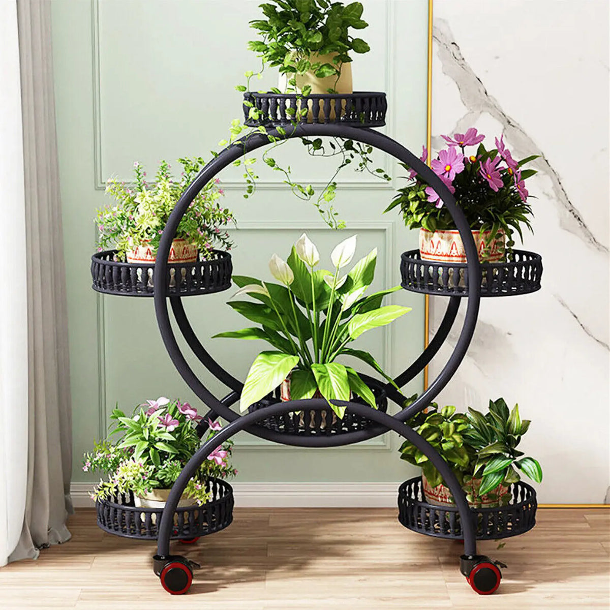 Six Pot Metal Plant Stand Shelf With Four Rolling Wheels