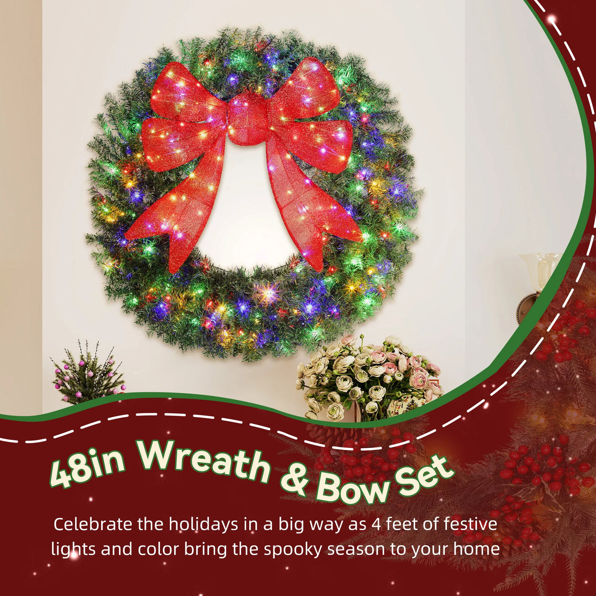 HOMCOM Flocked Pre Lit Artificial Christmas Wreath with Red Bow