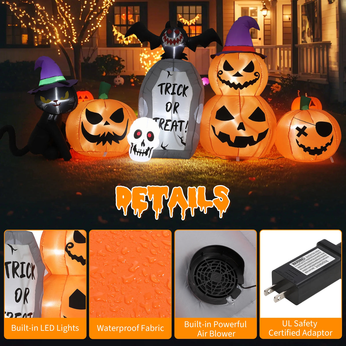 HiMISS Halloween Pumpkin Black Cat Tombstone Inflatable Yard Decoration
