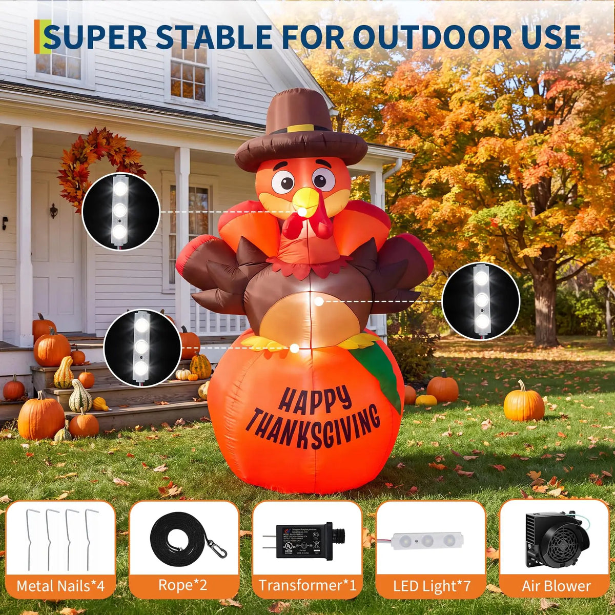 HiMISS Thanksgiving Pumpkin Turkey Inflatable Yard Decoration With LED Lights