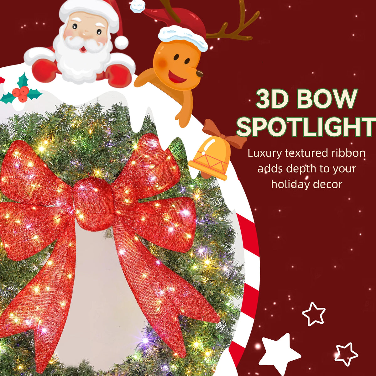 HOMCOM Flocked Pre Lit Artificial Christmas Wreath with Red Bow