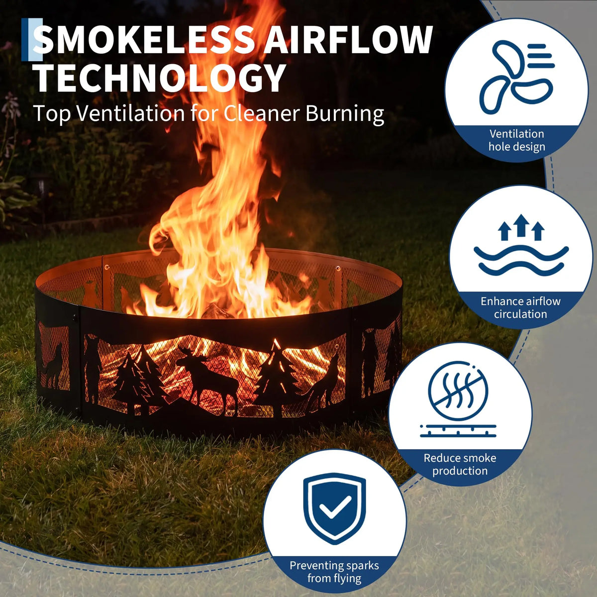HiMISS Steel Wood Burning Fire Pit Ring With Deer Cutouts