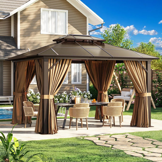 Aoxun Metal Frame Hardtop Gazebo With Polycarbonate Roof And Netting