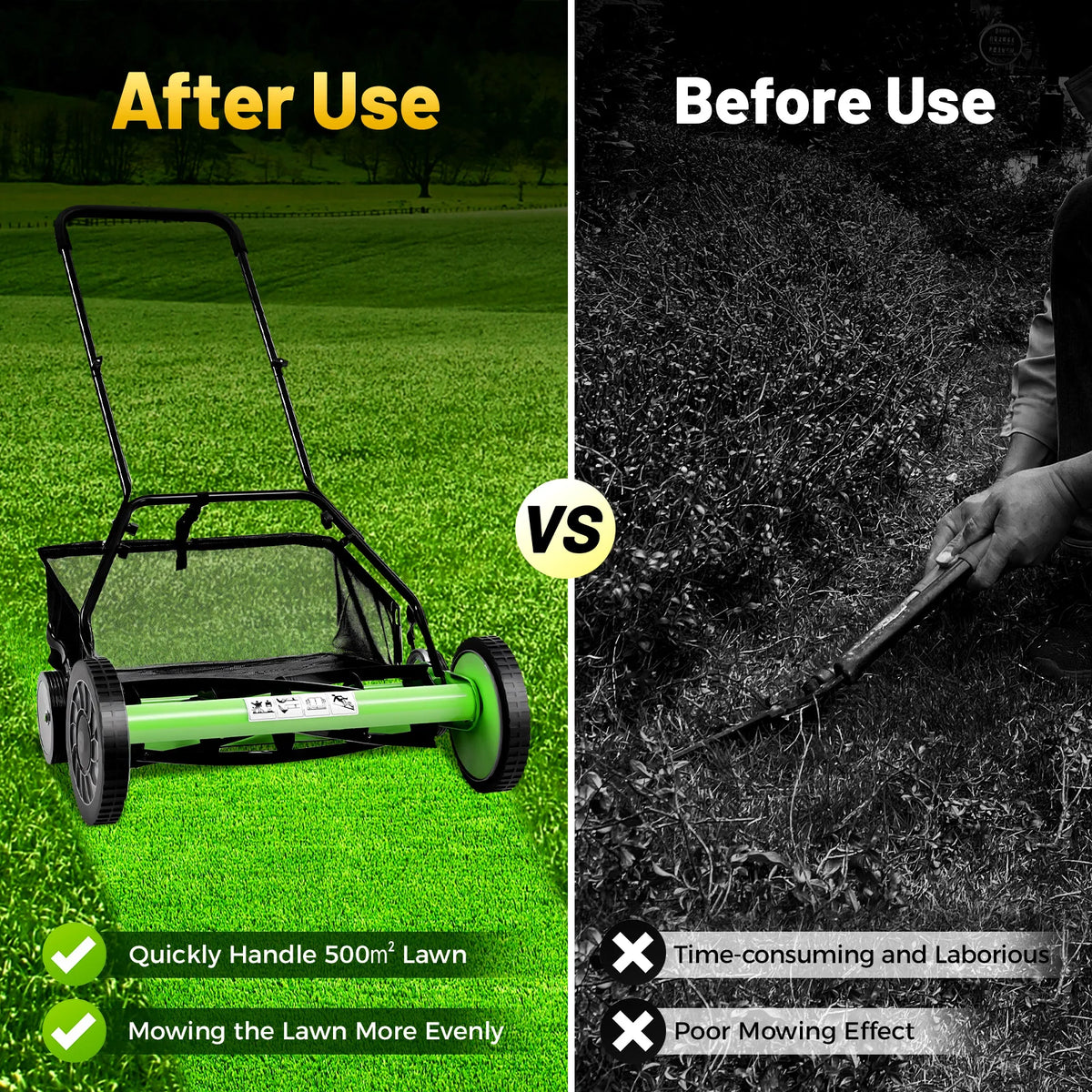 Manual Push Reel Lawn Mower With Integrated Grass Catcher