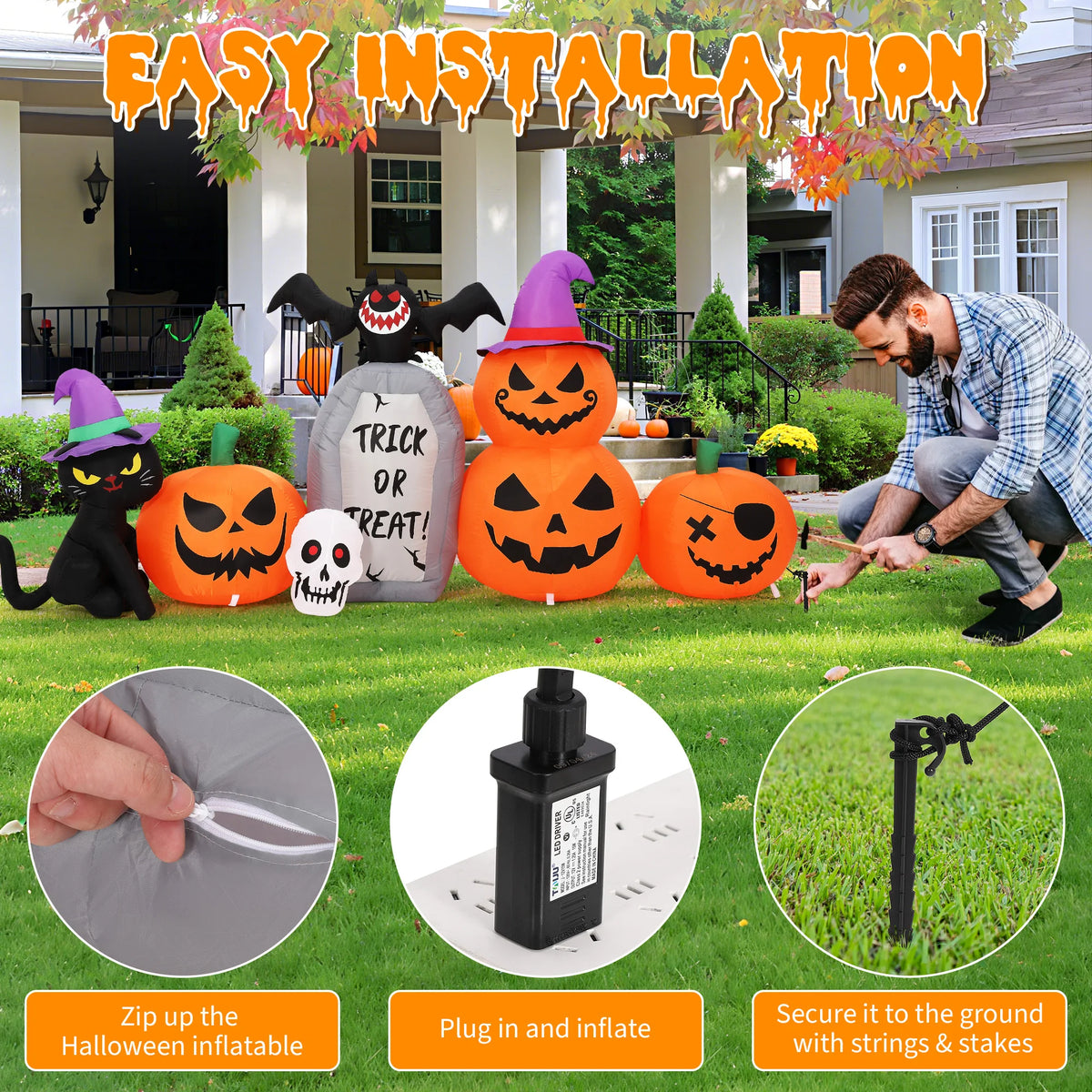 HiMISS Halloween Pumpkin Black Cat Tombstone Inflatable Yard Decoration