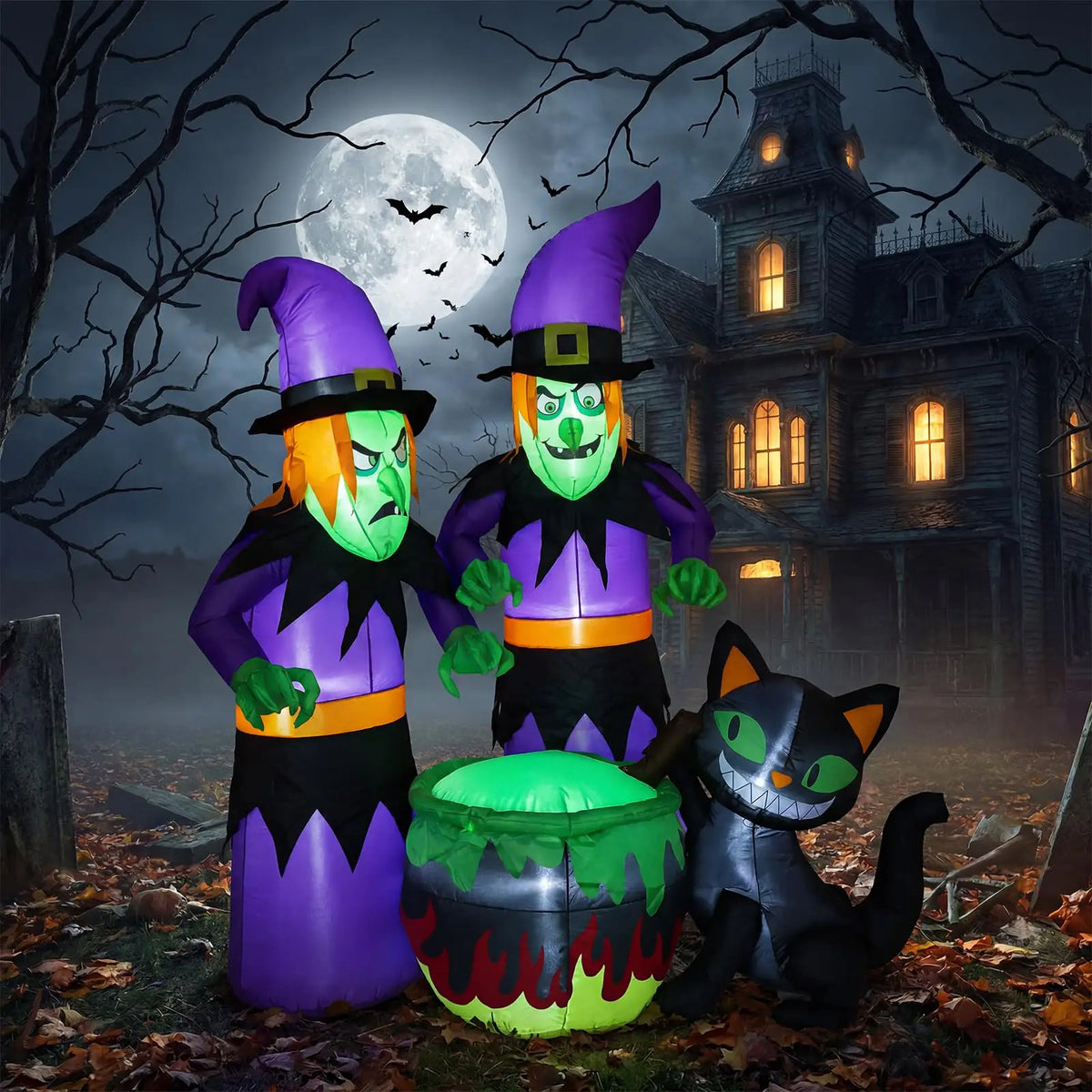 HiMISS Halloween Inflatable Witch Sisters Cauldron With LED Lights