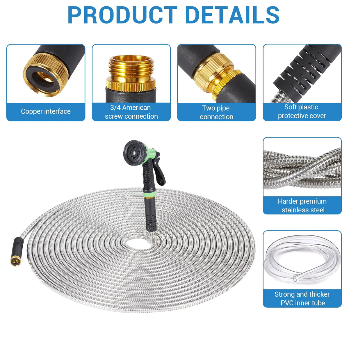 HiMiss Stainless Steel Garden Hose With Kink Free Brass Connectors