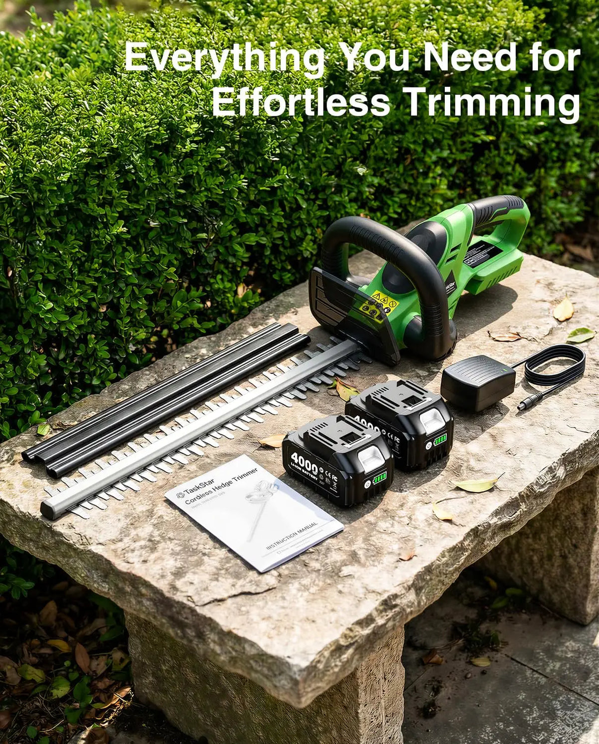 TaskStar Cordless Hedge Trimmer 20V Handheld Garden Bush Trimming Tool SK5 Dual Action Blade Electric Shrub Trimmer for Makita 18V Battery(with 2 4000mAh Batteries)