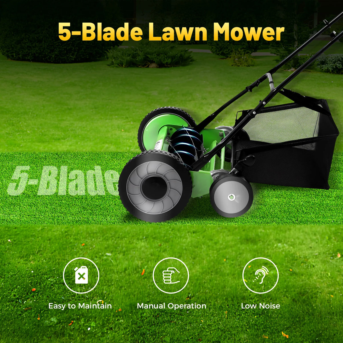 Manual Push Reel Lawn Mower With Integrated Grass Catcher