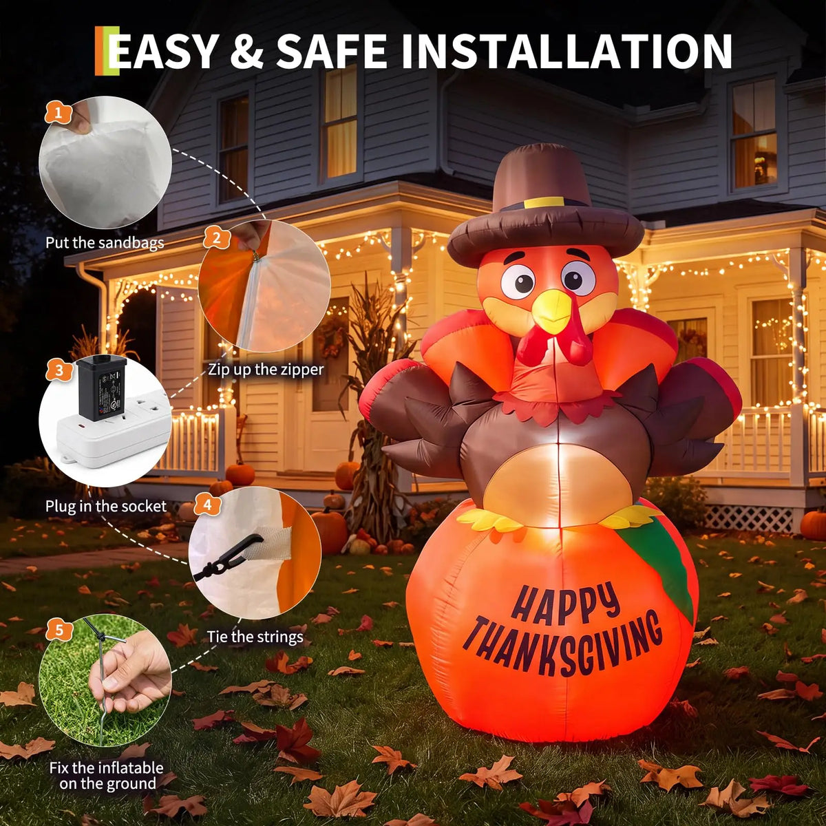 HiMISS Thanksgiving Pumpkin Turkey Inflatable Yard Decoration With LED Lights