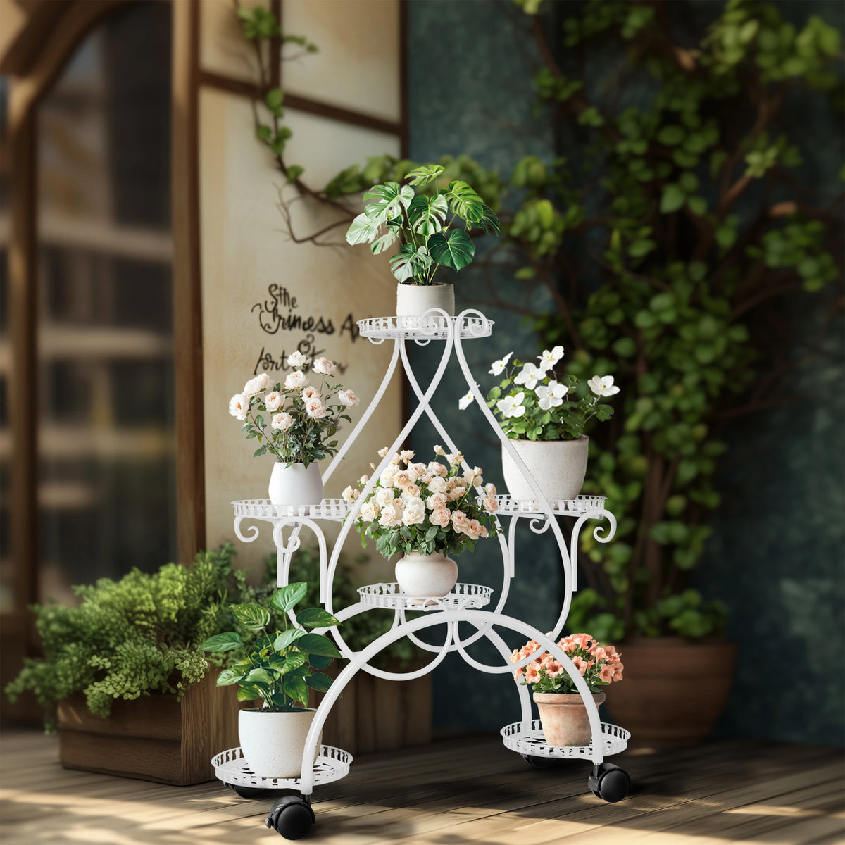 Wisfor Metal Flower Pot Display Stand With Rolling Wheels