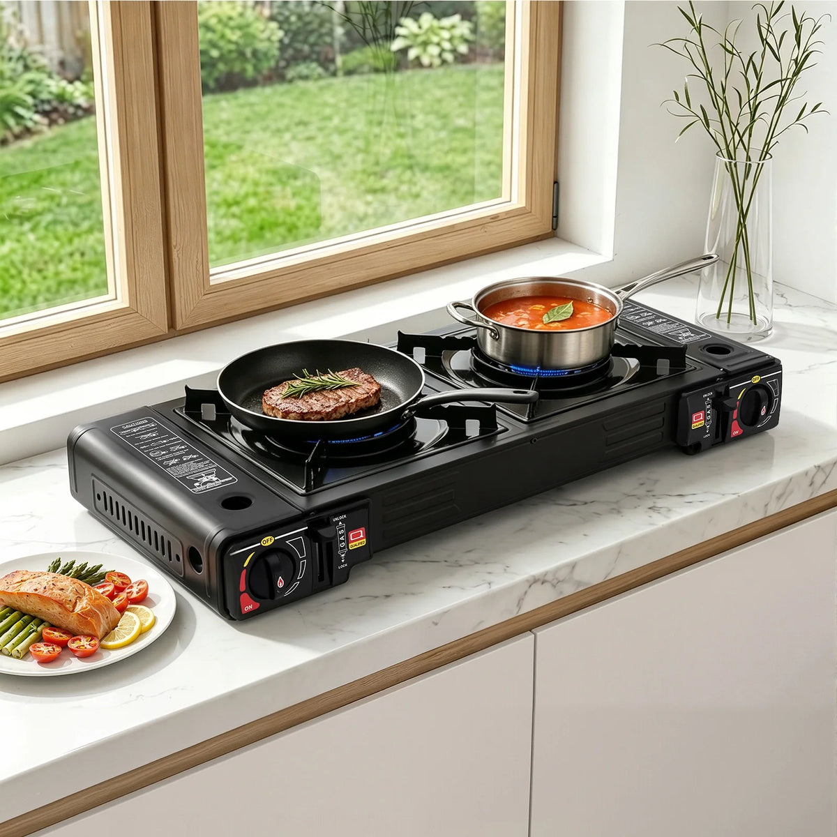 Portable Dual Burner Camping Gas Stove With Ignition and Safety Valve