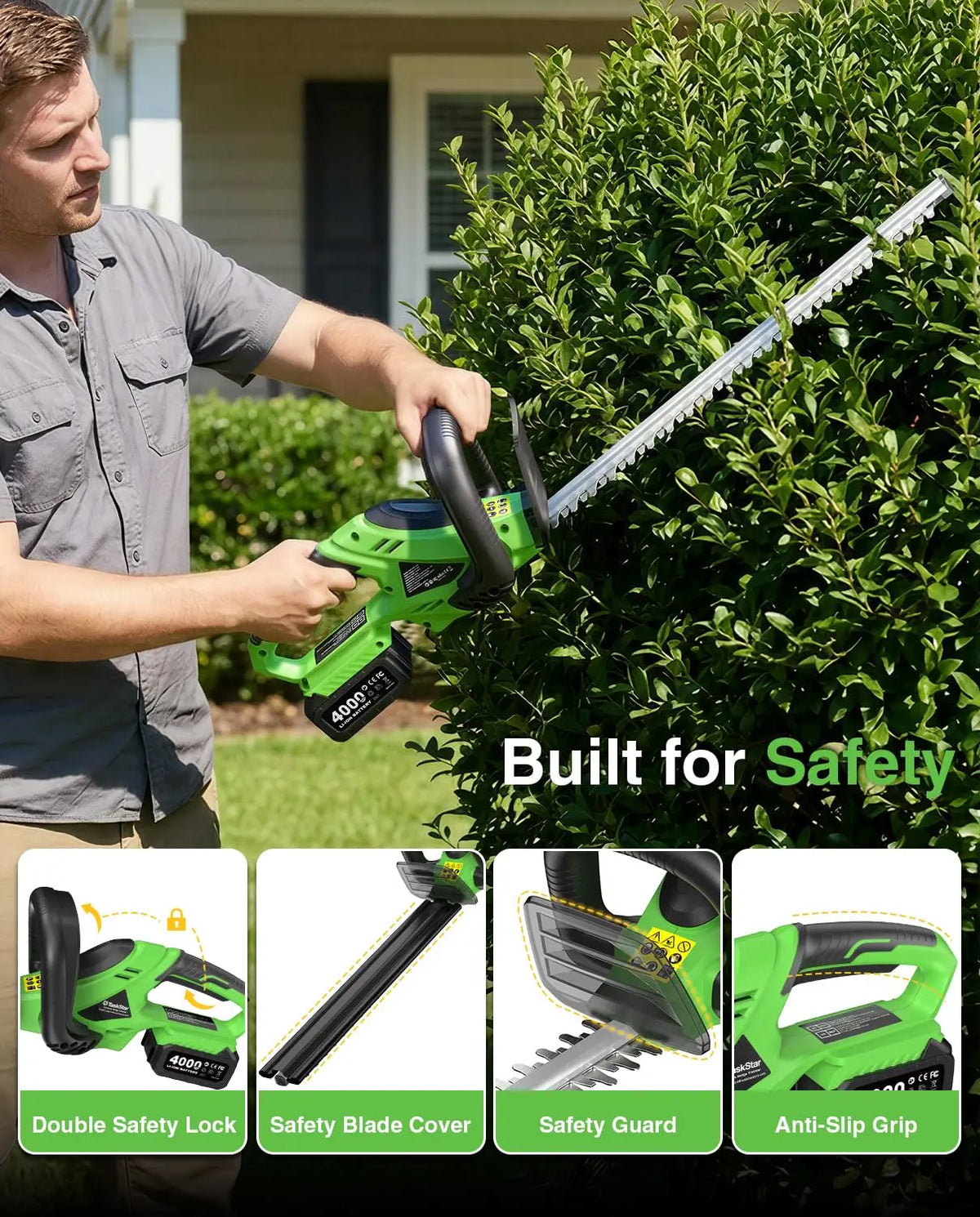 TaskStar Cordless Hedge Trimmer 20V Handheld Garden Bush Trimming Tool SK5 Dual Action Blade Electric Shrub Trimmer for Makita 18V Battery(with 2 4000mAh Batteries)