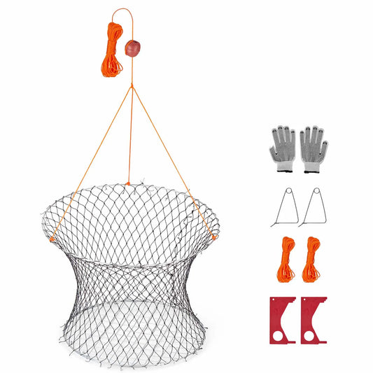 SucceBuy Double Ring Crab Trap 24in Top 20in Bottom Two Rings Crab Kit Foldable Fishing Net with Gauge 60ft Rope Wire Grid 2set