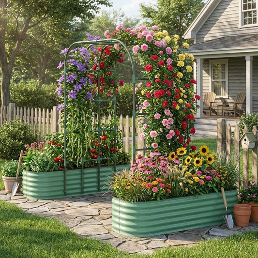 HiMISS Galvanized Raised Garden Bed With Arch Trellis Planter Box