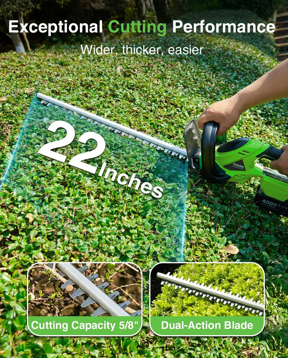 TaskStar Cordless Hedge Trimmer 20V Handheld Garden Bush Trimming Tool SK5 Dual Action Blade Electric Shrub Trimmer for Makita 18V Battery(with 2 4000mAh Batteries)