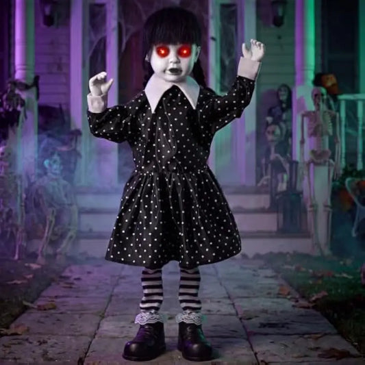 31.5" Halloween Animatronic Decorations Outdoor Ghost Doll Sound Activated Spooky Girl Prop with Glowing LED Eyes Creepy Sounds, Scary Haunted House Props for Garden Yard Lawn
