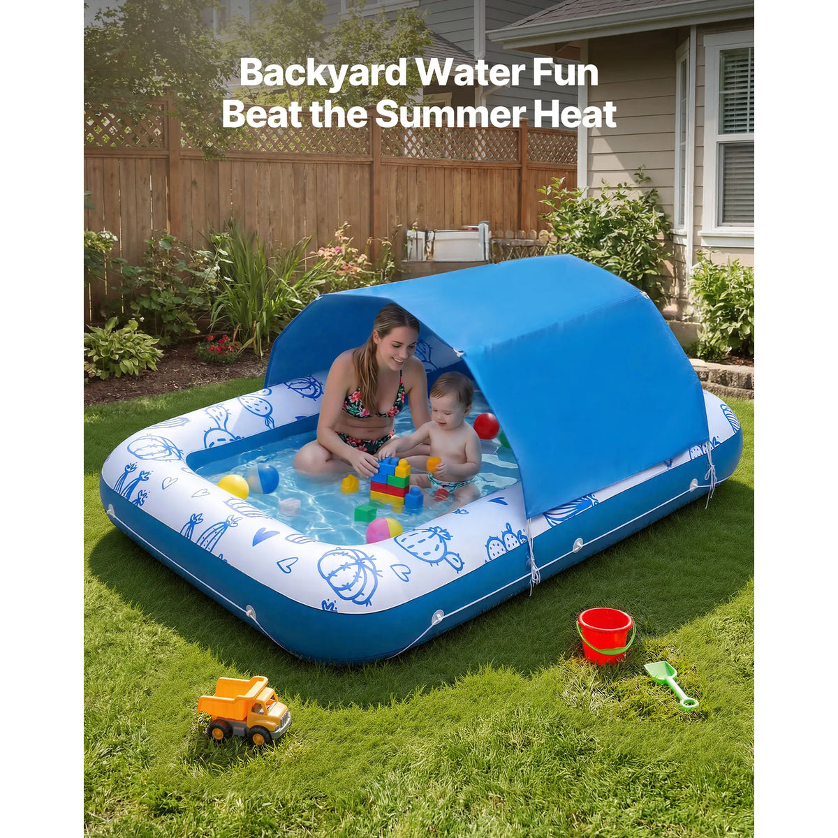 SucceBuy Inflatable Pool Float With Canopy, Pillow And Cup Holder