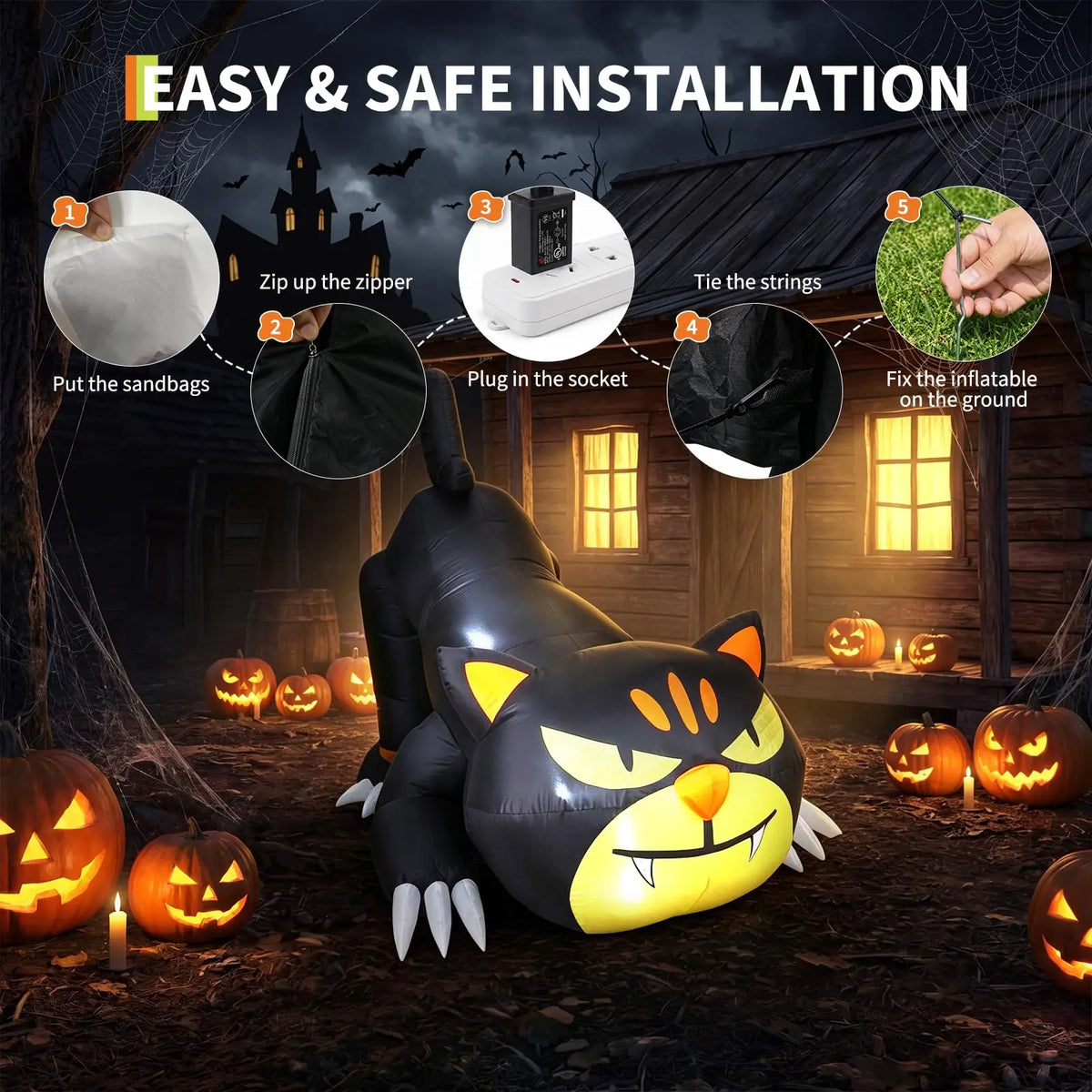 HiMISS Halloween Inflatable Crawling Cat Yard Decor With LED Lights