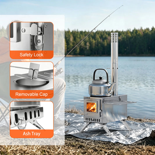 Unho 40cm Hot Tent Stove, Portable Stainless Steel Wood Burning Stove with 6 Chimney Pipes & Glass Window for Ice Fishing