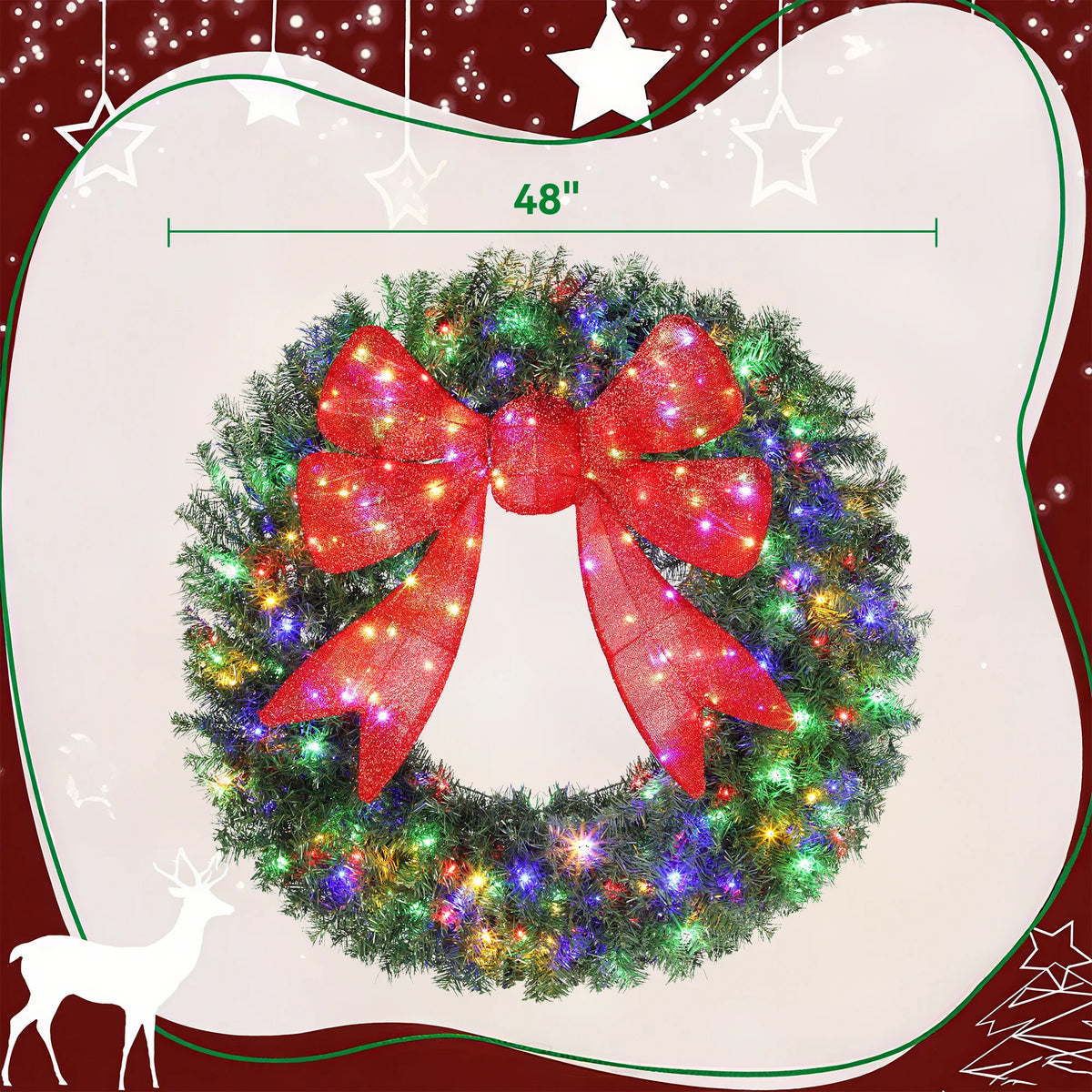 HOMCOM Flocked Pre Lit Artificial Christmas Wreath with Red Bow