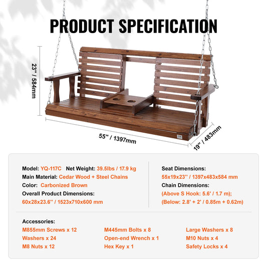 SucceBuy Heavy Duty Cedar Wood Porch Swing For Gardens