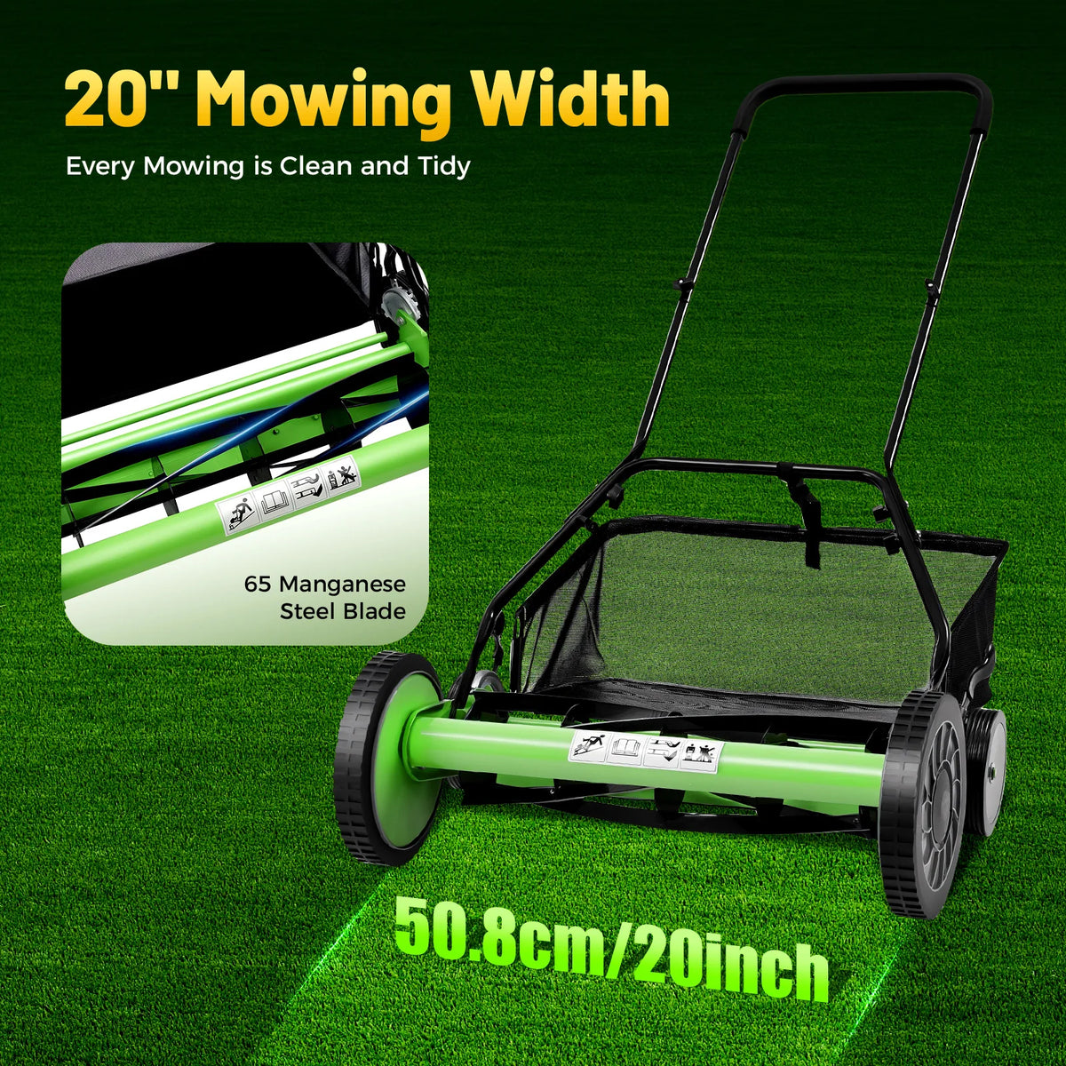 Manual Push Reel Lawn Mower With Integrated Grass Catcher