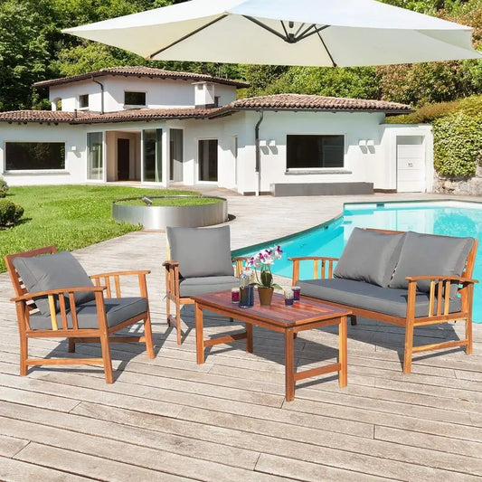 4 Pieces Acacia Wood Patio urniture Set, Outdoor Seating Chat Set with Gray Cushions & Back Pillow, Contion Set with Coee Table,