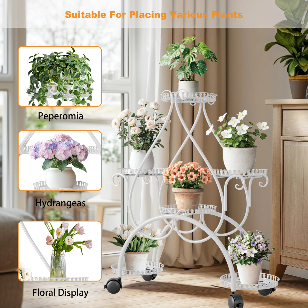 Wisfor Metal Flower Pot Display Stand With Rolling Wheels
