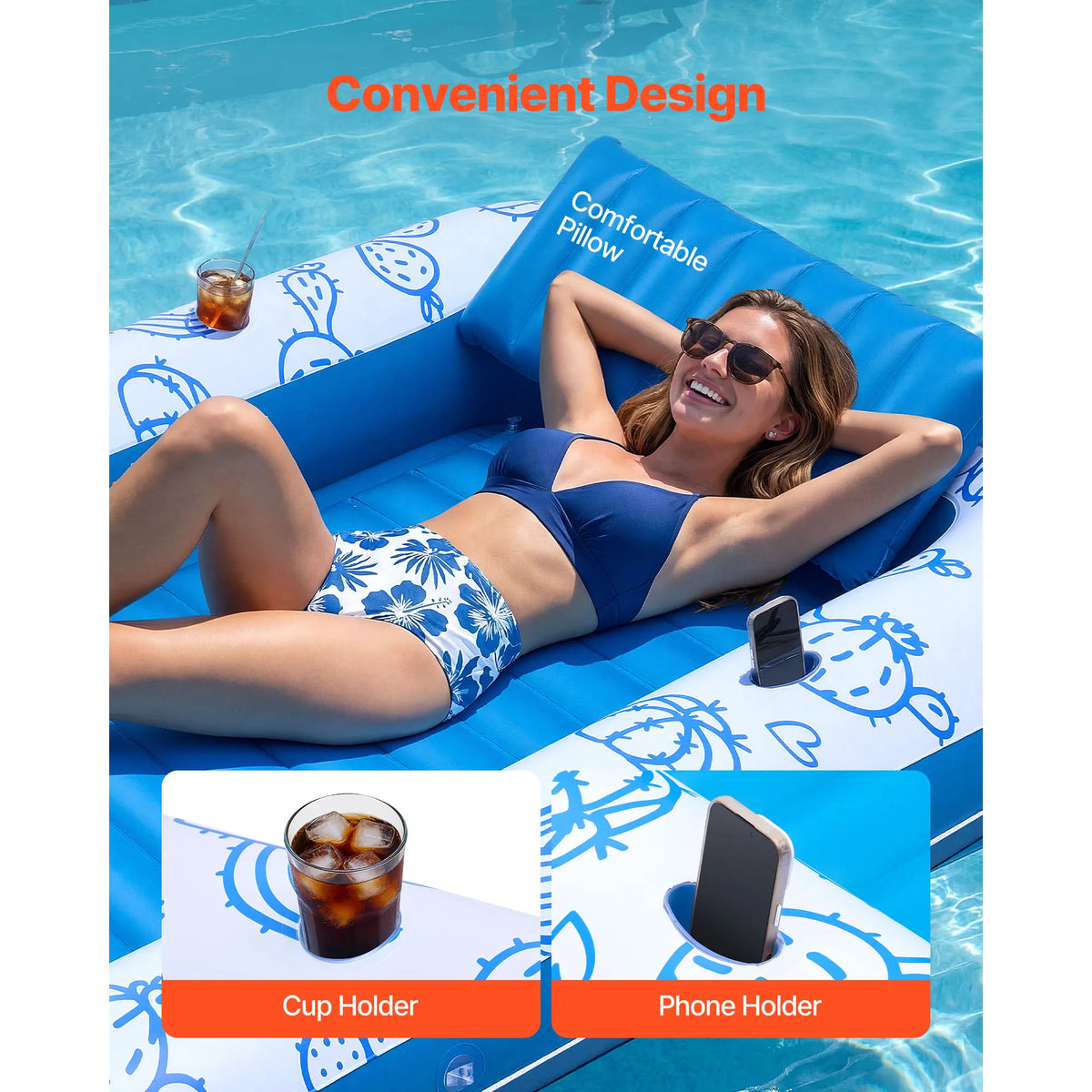 SucceBuy Inflatable Pool Float With Canopy, Pillow And Cup Holder