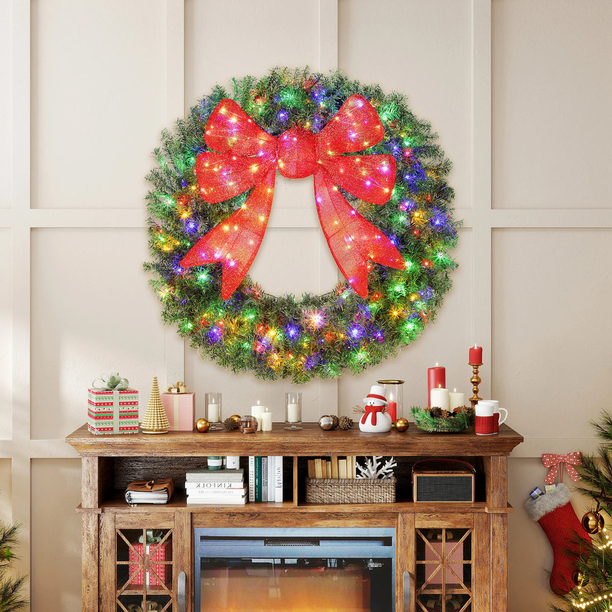 HOMCOM Flocked Pre Lit Artificial Christmas Wreath with Red Bow